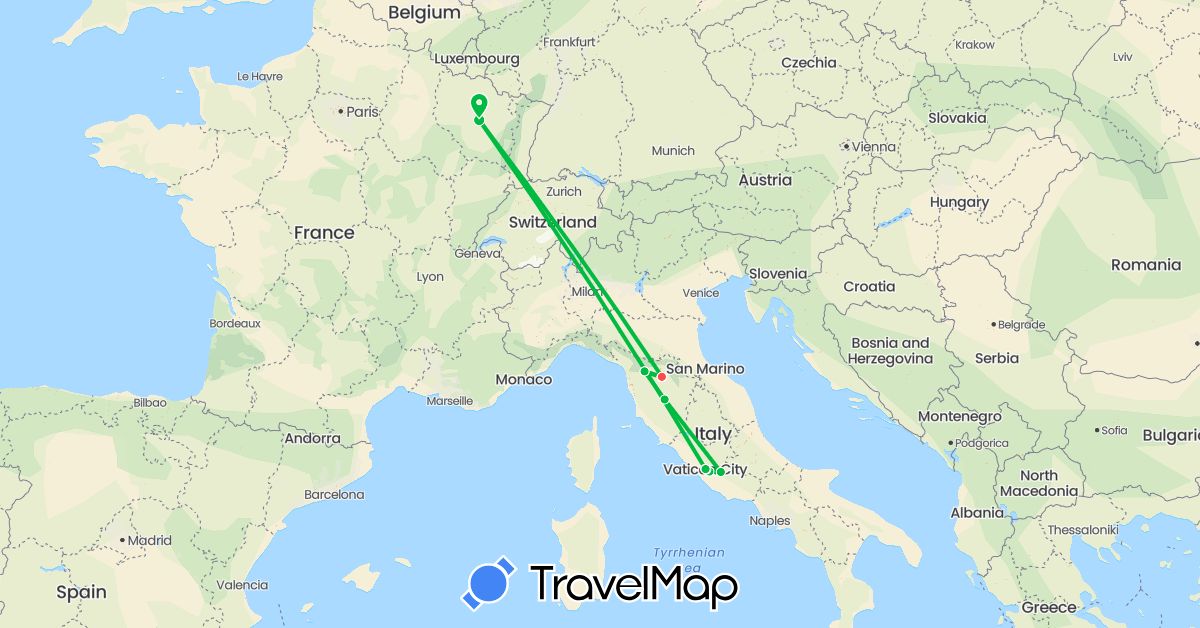 TravelMap itinerary: driving, bus, hiking in France, Italy, Vatican City (Europe)